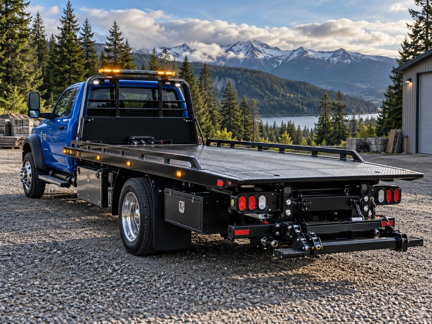 Illustrative blue flatbed towing equipment.