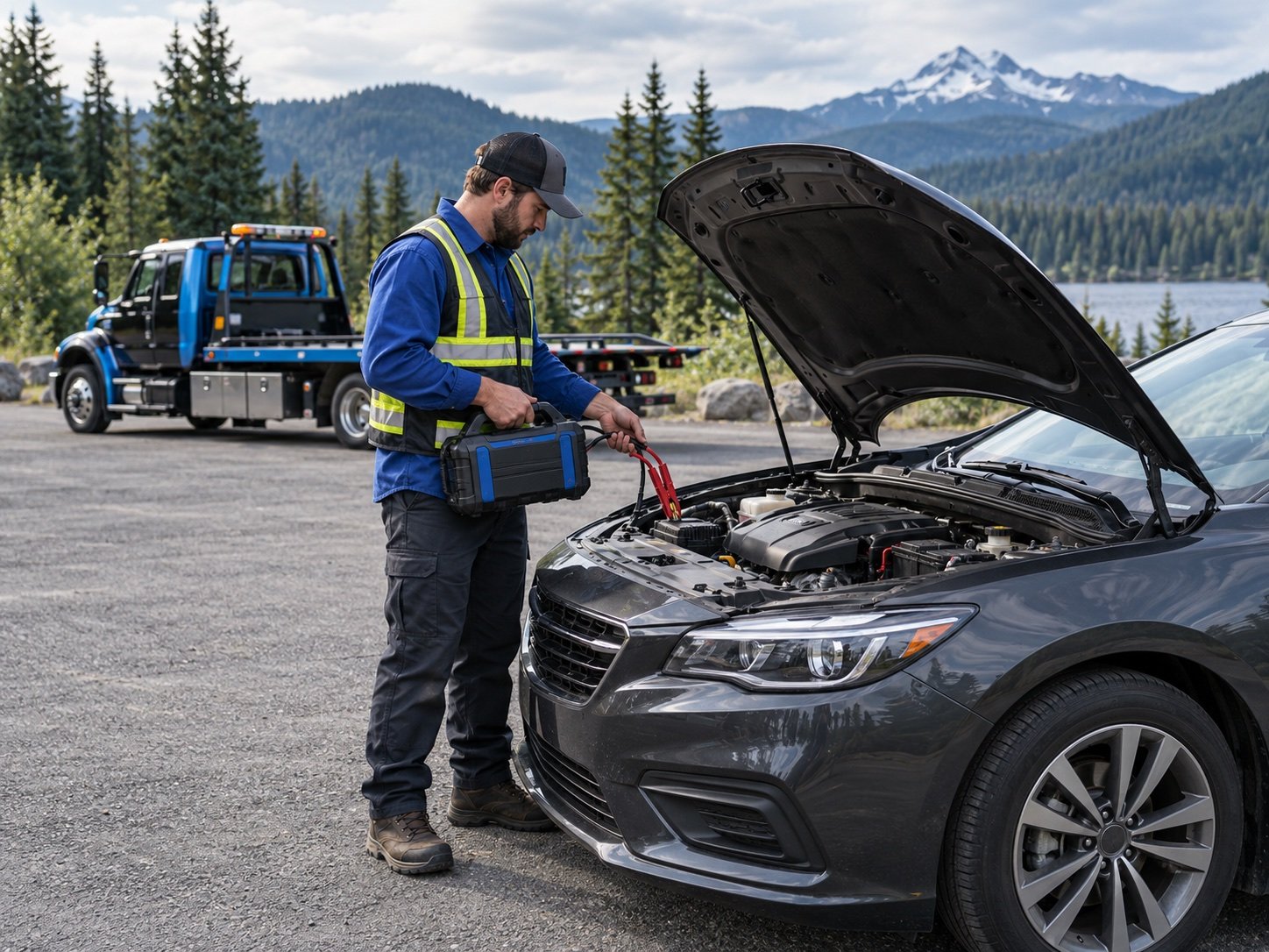 Technician beside a sedan with the hood open.