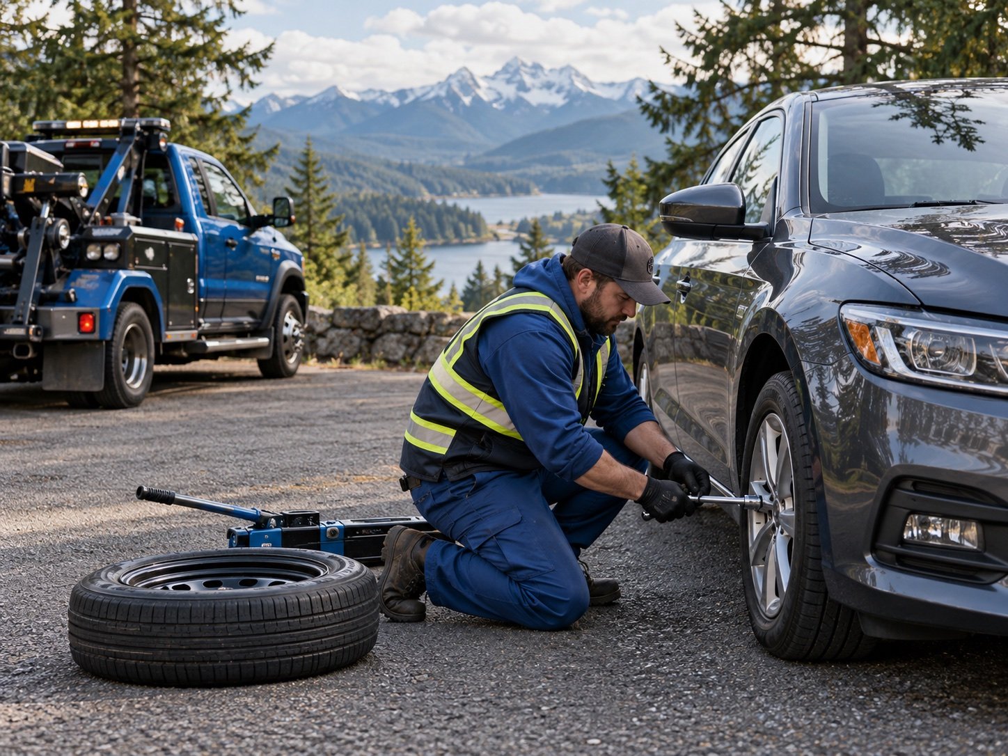Illustrative technician assisting with a vehicle tire.