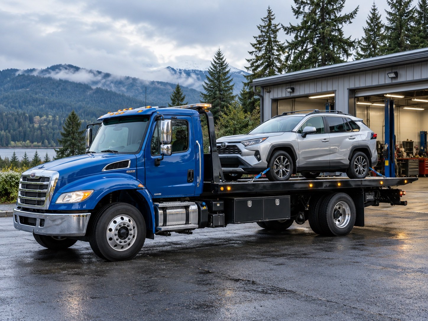 Illustrative flatbed carrying a silver crossover.
